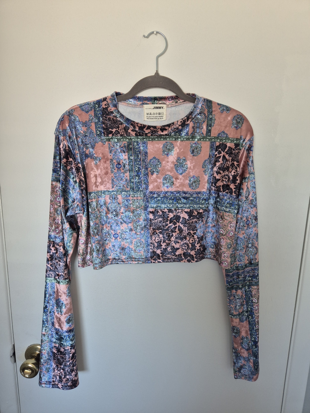 Pink Patchwork Velvet Crop Long-Sleeve Top